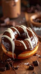 Glossy donut with chocolate glaze, white drizzle