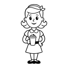 A cute coffee girl holding a warm cup, surrounded by coffee beans and steam swirls. Perfect for coloring with cozy café vibes and sweet morning charm.
