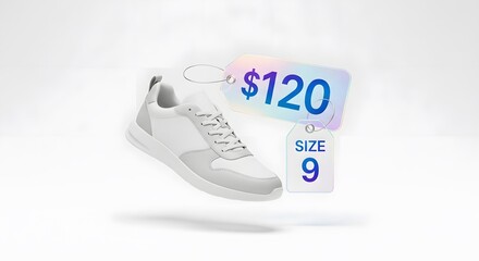 Modern white sneaker with grey accents and price tag floating
