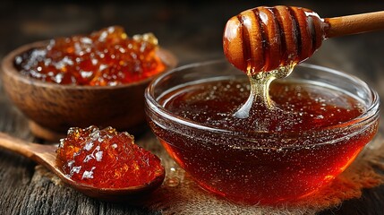 Honey in bowls with wooden dipper and spoon on a wooden surface.