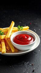 Fries served with ketchup, on white plate, dark background