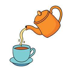 Hot tea pours smoothly from a classic kettle into a delicate teacup, releasing steam and aroma. A cozy, heartwarming moment perfect for tea lovers and relaxation.
