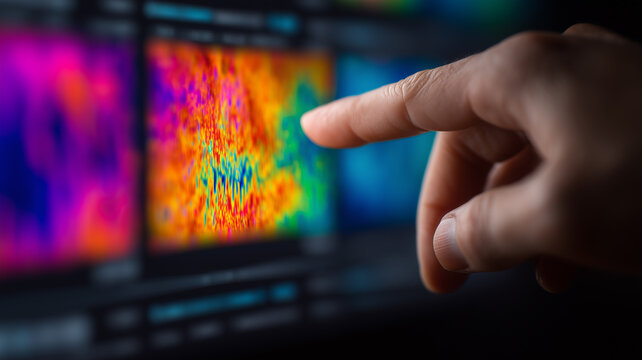 Finger interacting with heatmap interface, representing data analysis, anomaly detection, and predictive analytics for business decisions and product strategy.
