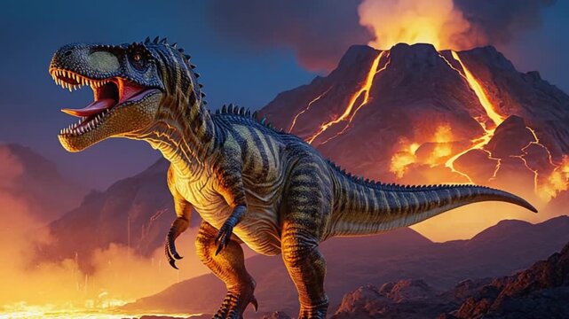 A t rex stands tall near a volcano erupting with lava and smoke in a prehistoric landscape dinosaur video