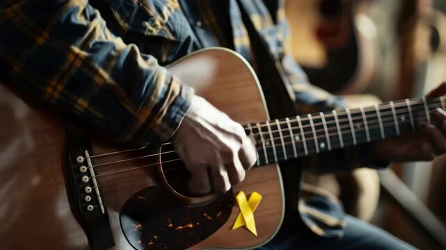 Man in plaid shirt playing guitar with yellow ribbon