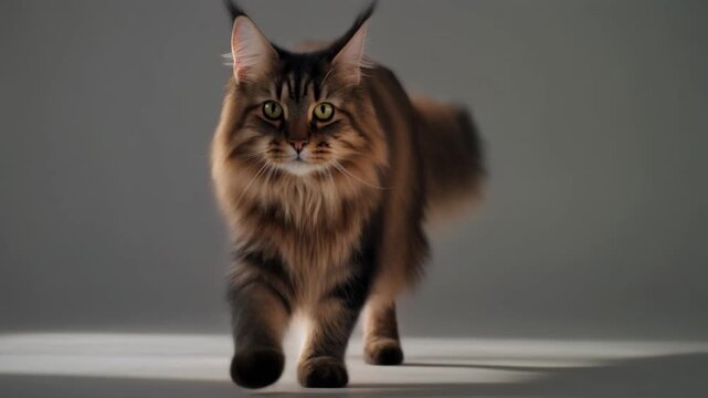A majestic Maine Coon cat with long tabby fur and ear tufts walks confidently towards the viewer in a studio setting.