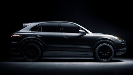Obraz premium Matte black luxury suv with sleek aerodynamic body, modern sport design, premium vehicle exterior, side view showcasing powerful transport concept and high-end automotive styling