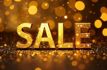 Golden three dimensional text sale with glittering bokeh background for shopping promotion. Big markdown advertisement.