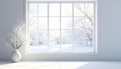 Fototapeta premium 窓越しに眺める雪景色と自然光｜4Kリアリスティック・ミニマリスト・コピースペース付き 