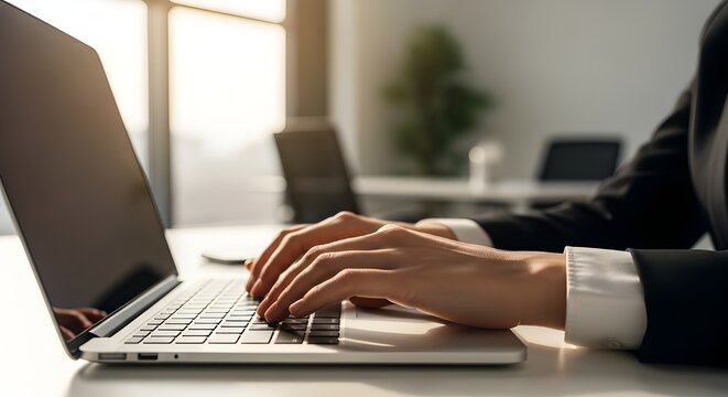Professional businessperson typing on laptop in modern office workspace with ambient lighting and productivity atmosphere