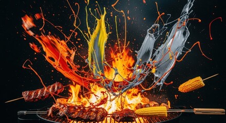 Barbecue grill with meat and corn on the cob with splashing water and fire