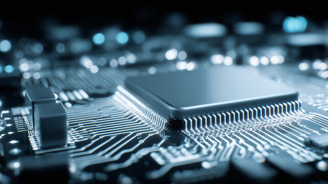Microchip seated on a circuit board, representing computing power, semiconductor manufacturing, digital infrastructure, and next generation hardware innovation.
