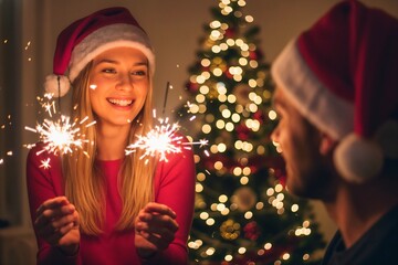 Couple holding sparklers, Christmas tree