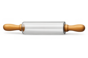Glass rolling pin with wooden handles, kitchen utensil for baking and cooking, preparing dough, transparent background