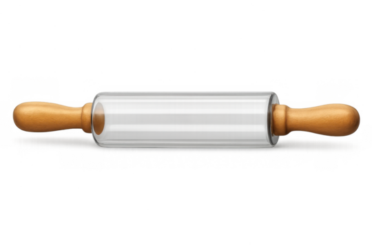 Glass rolling pin with wooden handles, kitchen utensil for baking and cooking, preparing dough, transparent background