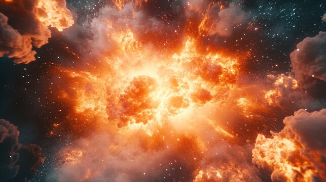 Cosmic explosion, fiery nebula, starburst in space. Possible use science fiction, background image, digital art