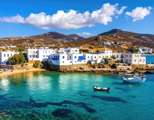 Aegean village on turquoise waters, mountains in background