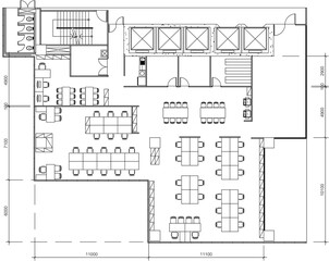 2D Drawing of Central Office Interior Design Layout with Employee Seating Arrangement and Restroom Plan
