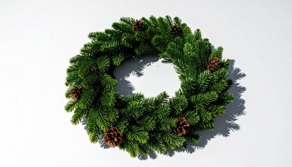 Evergreen wreath adorned with pine cones on white backdrop