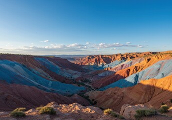 A breathtaking natural valley transforms into an expansive artistic mural, blending vibrant painted forms with geological features ,hills ,illustration ,mural
