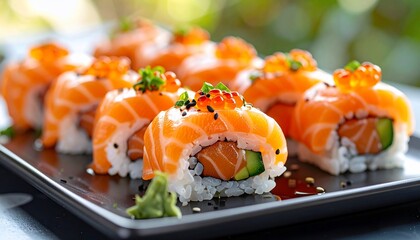 Delicious Salmon Sushi Rolls with Roe and Greens on Black Plate Japanese Cuisine.