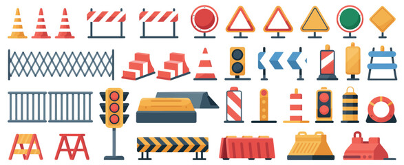 Road barriers and traffic signs vector for highway safety and construction zone projects