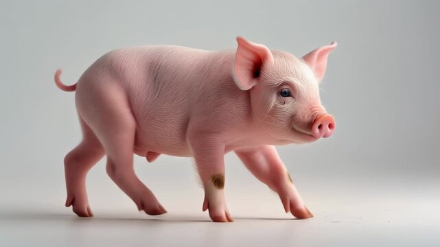 A cute pink piglet with a small brown spot on its leg walks across a plain white background in a studio setting.