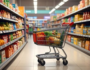 Full cart in supermarket aisle, shelves of various products
