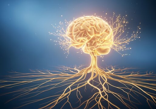 Semi realistic illustration blending a human brain with a growing tree, symbolizing neuroplasticity, cognitive growth, learning, memory formation and lifelong mental development.