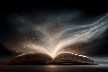 Mystical Open Book Casting Radiant Light Rays in Fantasy or Educational Theme