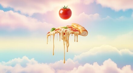 Surreal food concept featuring a melting slice of cheese pizza floating on pastel clouds beneath a glowing tomato. A whimsical, dreamlike image for food, fantasy, and restaurant marketing.