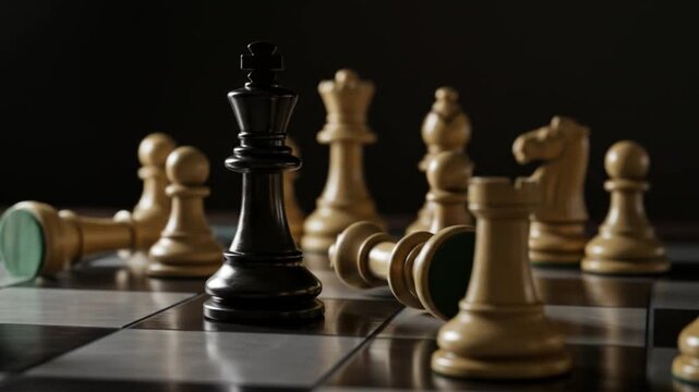 A solitary black king stands amid scattered fallen pieces on a glossy chessboard under dim light now