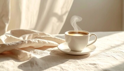 湯気立つ白いカップとコーヒー豆｜4Kリアリスティック・ミニマリスト・コピースペース付き
