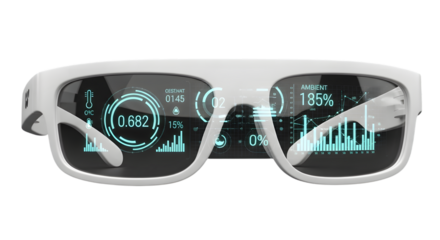 Futuristic augmented reality smart glasses displaying complex holographic data interface with charts and graphs across transparent lenses technology.