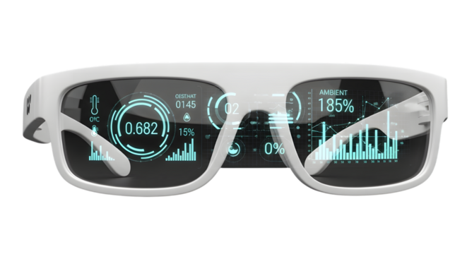 Futuristic augmented reality smart glasses displaying complex holographic data interface with charts and graphs across transparent lenses technology.