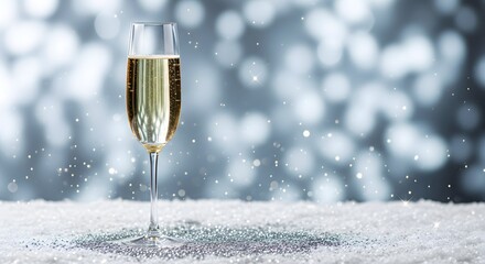 Champagne glass on snowy background, luxury celebration