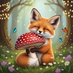 Fototapeta premium Cute fox hugging a mushroom in a magical forest with butterflies