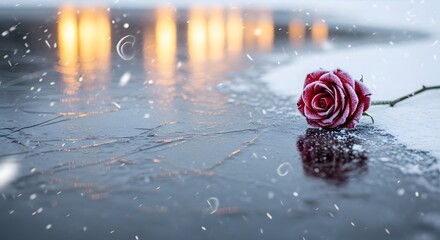 Red rose on frozen lake, winter love, ice and snow