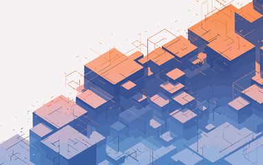 Vetor abstrato de cubos 3D em gradiente azul e laranja, representando dados e tecnologia.