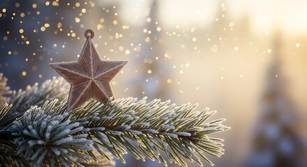 Christmas star on snowy fir branch with bokeh lights