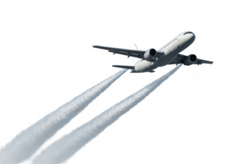 Commercial jet flying with two long contrails against a transparent background. Air transport industry