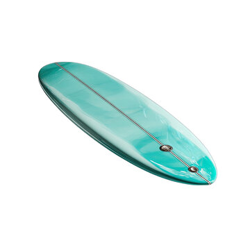 Turquoise surfboard with single stringer on black backdrop