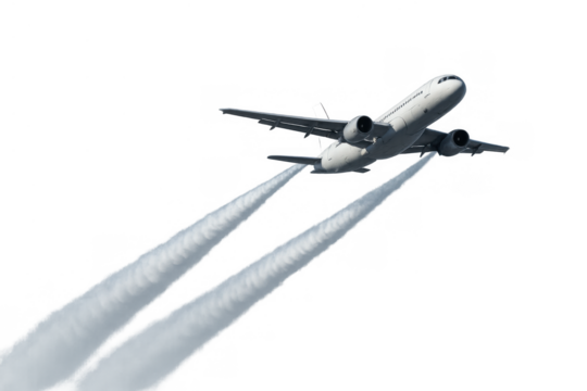 Commercial jet flying with two long contrails against a transparent background. Air transport industry