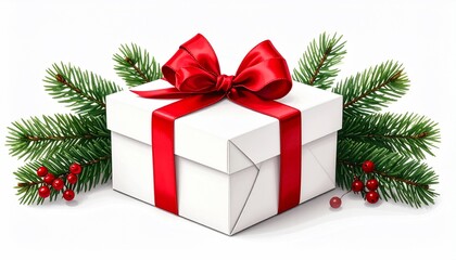 Festive Christmas gift box with red ribbon with pine branches, and holiday surprise.