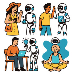 People interacting with friendly robot, technology, communication, teamwork, meditation