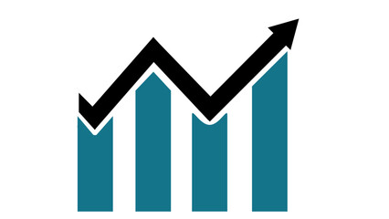 A 3D bar chart diagram illustrates business success and financial growth with an upward arrow