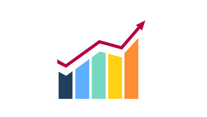 A 3D bar chart diagram illustrates business success and financial growth with an upward arrow