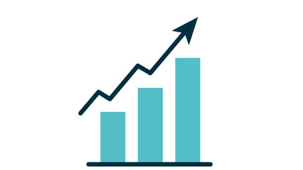 A 3D bar chart diagram illustrates business success and financial growth with an upward arrow