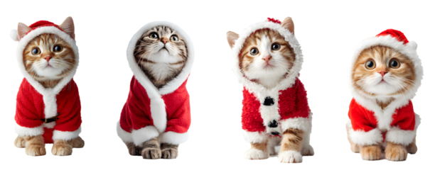 Cute Christmas cats in Santa costumes isolated on a transparent PNG background, white background, cut out