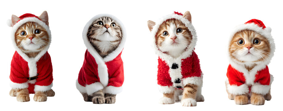 Cute Christmas cats in Santa costumes isolated on a transparent PNG background, white background, cut out